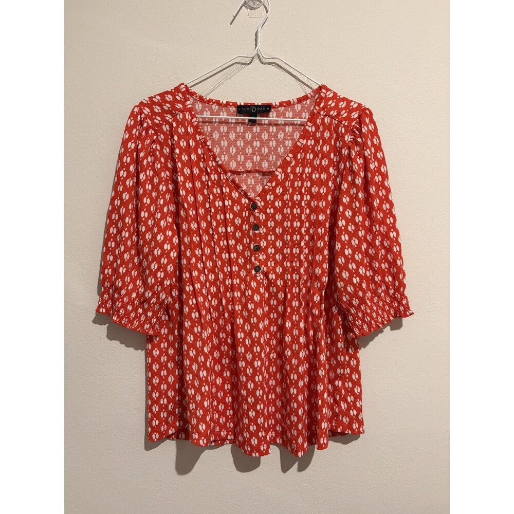 Fred David Red White Geometric Print Button V-Neck Puff Sleeve Blouse L